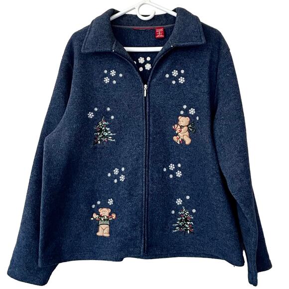 Christmas teddy bear full zip fleece shirt ugly sweater embroidered holiday XL - Picture 1 of 11